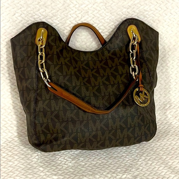 Michael Kors Signature Brown Tote Bag Leather Detail Purse